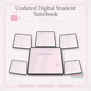 Peut inclure: Un carnet d'étudiant numérique non daté pour iPad, Goodnotes et Notability. L'image présente une page de couverture centrale avec une petite étoile rose, entourée de cinq écrans de tablette affichant des pages lignées avec des onglets.