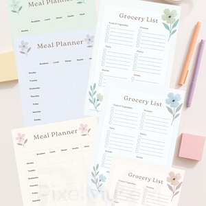 Peut inclure: Plusieurs planificateurs de repas et listes de courses à thème floral. Les planificateurs de repas sont divisés par jour de la semaine. Les listes de courses comprennent des sections pour les fruits, les légumes, les produits laitiers, etc. Des stylos et une tasse de thé sont également présents.