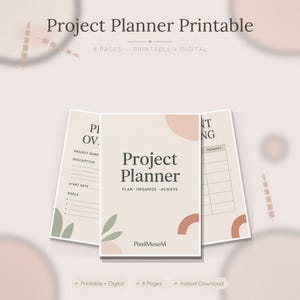Peut inclure: Un ensemble de planificateur de projet imprimable comprenant huit pages avec une palette de couleurs neutres. La couverture affiche le texte Project Planner, Plan Organize Achieve et PixelMuseM. Les pages intérieures incluent des sections pour le nom du projet, la description, la date de début, les objectifs et le suivi des progrès.