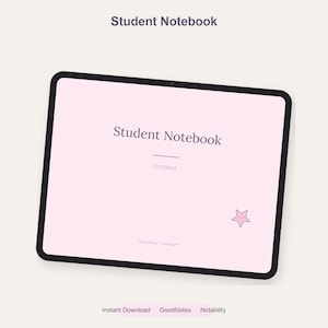 Peut inclure: Une tablette numérique affichant une interface de carnet d'étudiant rose clair avec le texte Student Notebook et Undated. Une petite étoile rose avec un visage souriant se trouve dans le coin inférieur droit. L'écran affiche aussi Instant Download, GoodNotes et Notability.