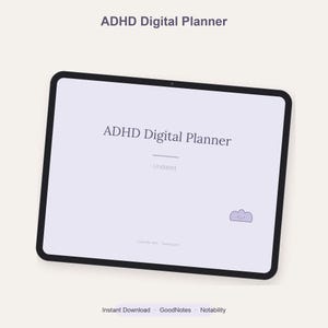 Peut inclure: Une tablette affichant un ADHD Digital Planner sur un écran violet clair. Le texte indique ADHD Digital Planner et Undated. Une petite icône de nuage violet avec un visage est présente. Sous la tablette, le texte indique Instant Download, GoodNotes, Notability.