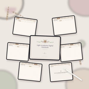 Peut inclure: Un carnet numérique affiché sur six écrans de tablette. L'écran central présente le titre Light Academia Digital Notebook avec un motif floral. Les autres écrans montrent diverses mises en page, dont des lignes, des grilles et des points, avec des menus de navigation à onglets et un stylet blanc.