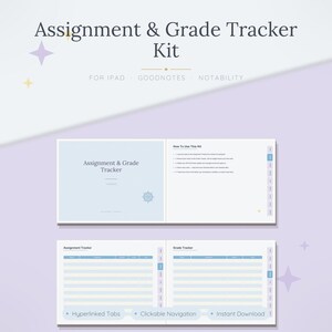 Peut inclure: Un kit de suivi des devoirs et des notes, planificateur numérique pour iPad, Goodnotes et Notability. Il comprend une page de couverture bleu clair avec une icône de soleil, une page d'instructions et deux pages intérieures pour le suivi.