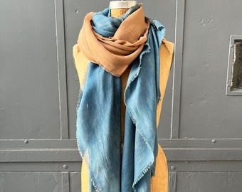 Tan and textured cobalt blue ombre silk and wool scarf shawl. Indigo and black walnut husk natural dyes on luxurious silk wool fabric. Huge!