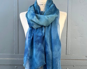 Peacock blue naturally tie dyed silk scarf. Indigo and onion skin dyes on luxurious hand fringed silk fabric. Huge!