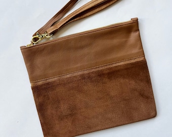 Copper Divide zip pouch writlet. Repurposed brown leather and suede with copper leather stripe, brass zipper, fully lined.