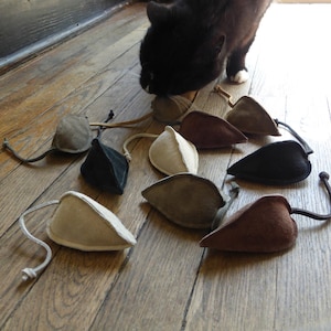 Puede incluir: Un conjunto de nueve juguetes de hierba gatera con forma de rat&oacute;n, hechos de gamuza marr&oacute;n, beige y negro. Los juguetes est&aacute;n esparcidos en un suelo de madera, con un gato negro en el fondo.