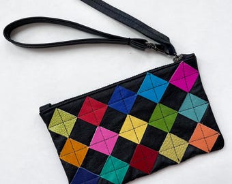 Multi color on black leather diamond zip pouch, small. Repurposed multi leather diamond chips on black leather, gold zipper, fully lined.