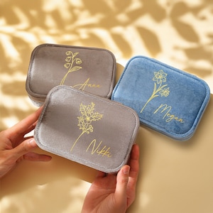 Regali di San Valentino Scatola portagioielli personalizzata, Portagioielli in velluto personalizzato con fiore del mese di nascita, regalo per lei