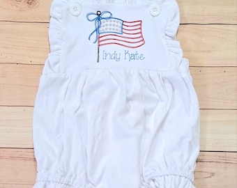 Fourth of July bow patriotic America flag red white blue ruffle sunsuit