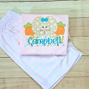 May include: Pink and white striped shorts and a pink shirt with an embroidered bunny holding a carrot and a banner that says "Campbell".