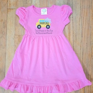 School bus embroidered appliqué dress