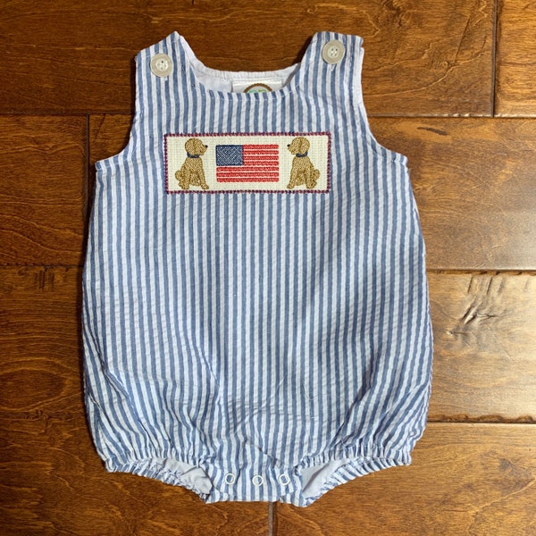 Patriotic Fourth of July 4th of July chiot drapeau faux smock bulle barboteuse ensemble de chemise