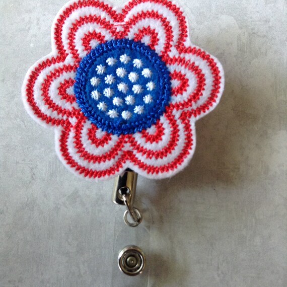 Large Heavy Duty Badge Reel, Retractable Badge Reel, Work ID Holder, Name  Badge Holder, Pull Badge Holder, Patriotic Flower Badge Reel 