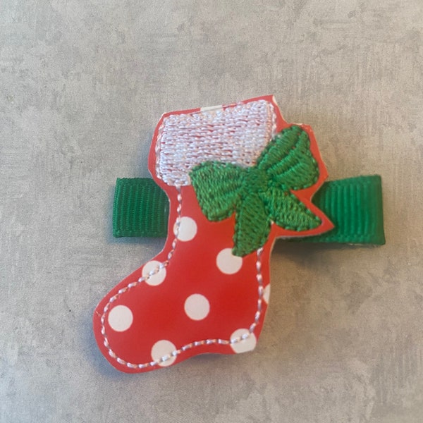 Red and white polka dotted Stocking Hair Clip, Toddlers Hair Clips, Girls Non Slip Hair Bows, Christmas, Hair Barrettes, Vinyl Bows