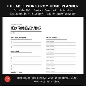 Könnte beinhalten: Ein weißer, ausfüllbarer Homeoffice-Planer mit schwarzem Text. Der Planer enthält Abschnitte für tägliche Prioritäten, Arbeitsaufgaben und einen Zeitplan von 5:30 bis 11:30 Uhr. Der Text oben lautet "FILLABLE WORK FROM HOME PLANNER".