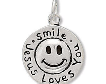 Round "Smile Jesus Loves You" Sterling Silver Charm, Christian, Religious, Gift, Keepsake, Jewelry, Accessory, Necklace Pendant, Bracelet