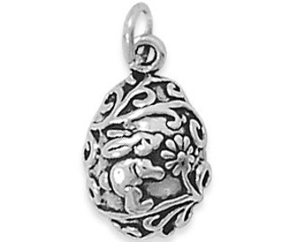 Sterling Silver Easter Egg Charm with Bunny and Flowers - Unique Holiday Gift - Jewelry - Finding - Accessory - Collectible - Keepsake