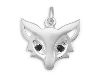 Fox Pendant, Fox Charm, Satin Finish Fox, Fox Head Pendant, Jewelry, Accessory, Sterling Silver Fox with Black CZ Eyes, Gift For Her
