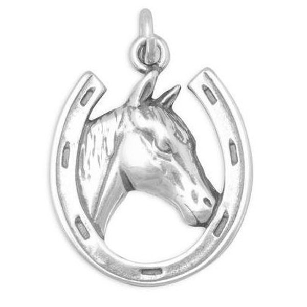 Horse In Horse Shoe Charm, Good Luck Charm, Lucky Charm, Equestrian Charm, Equine, Thoroughbred Horse In Horse Shoe Charm, Race Horse Charm