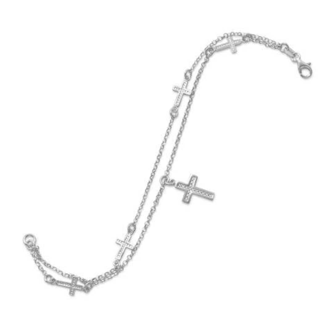 Sterling Silver Double Strand Cross Charm Bracelet / Double Chain