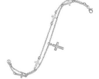 Sterling Silver Double Strand Cross Charm Bracelet / Double Chain Bracelet with Cross Charms / Fine Sterling Silver Chain Charm Bracelet