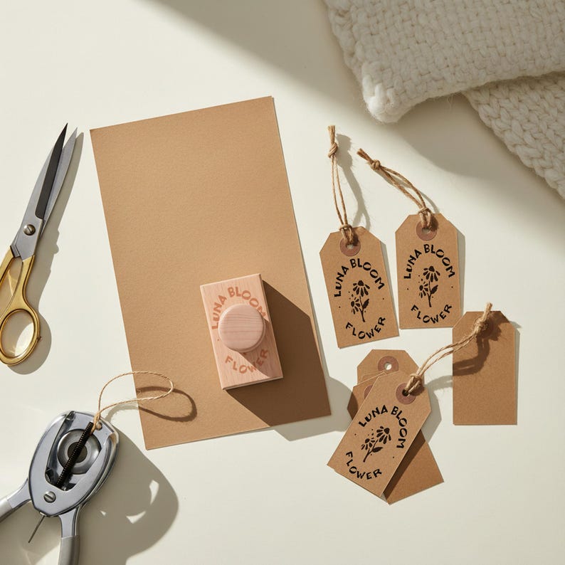 Pu&ograve; includere: Una scena artigianale con un timbro in legno, etichette di carta e un foglio di carta marrone. Il timbro e le etichette riportano la scritta "LUNA BLOOM FLOWER" e un motivo floreale. Sono visibili anche spago, forbici dorate e una perforatrice.