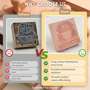 Pu&ograve; includere: Immagine di confronto di due timbri in legno, uno con un disegno floreale e l'altro con una tazza di caff&egrave;. Il testo "WHY CHOOSE US" &egrave; in alto. Il testo "AURORAPOETICINK" &egrave; in basso.