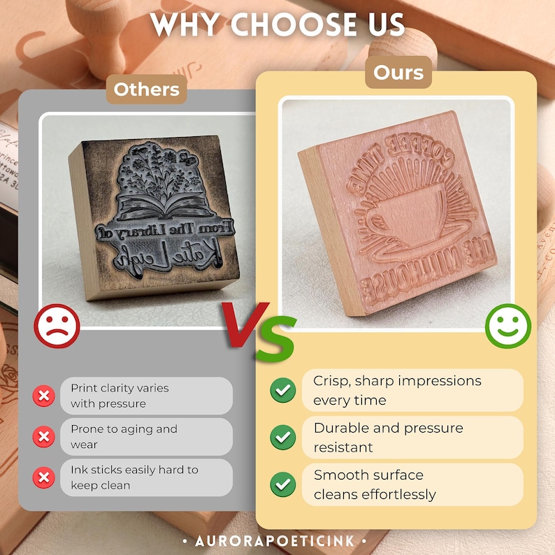 Pu&ograve; includere: Immagine di confronto di due timbri in legno, uno con un disegno floreale e l'altro con una tazza di caff&egrave;. Il testo "WHY CHOOSE US" &egrave; in alto. Il testo "AURORAPOETICINK" &egrave; in basso.