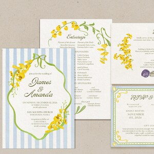 May include: Wedding invitation with blue and white stripes, yellow flowers, and a green border. The invitation reads "Join us for the wedding of James & Amanda" with the date and time of the ceremony and reception. The invitation also includes details about the location of the ceremony and reception.
