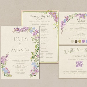 May include: A wedding invitation with a floral design. The invitation is for James and Amanda and is set for December 02, 2024 at three o'clock at San Sebastian Church. The reception will follow at Casa Manila at seven o'clock in the evening.