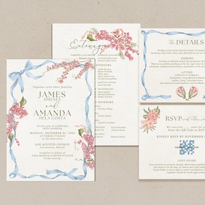 May include: A wedding invitation with blue ribbons and pink flowers. The invitation reads "Together with their families James Jimenez and Amanda Dela Costa invite you to celebrate their wedding Monday, December 02, 2024 at Three O'Clock in the afternoon San Agustin Church, Manila. Reception to follow at Casa Manila at Seven O'Clock in the evening."