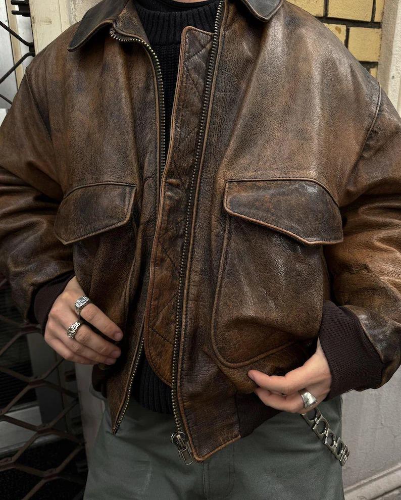 Vintage Distressed Leather Bomber Jacket Retro Brown Aviator Coat