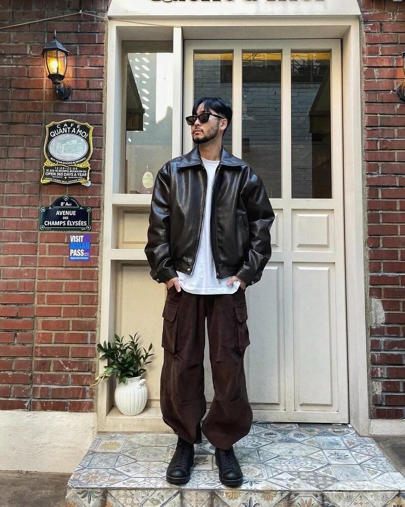 Vintage 90s Black Leather Jacket for Men Oversized Bomber