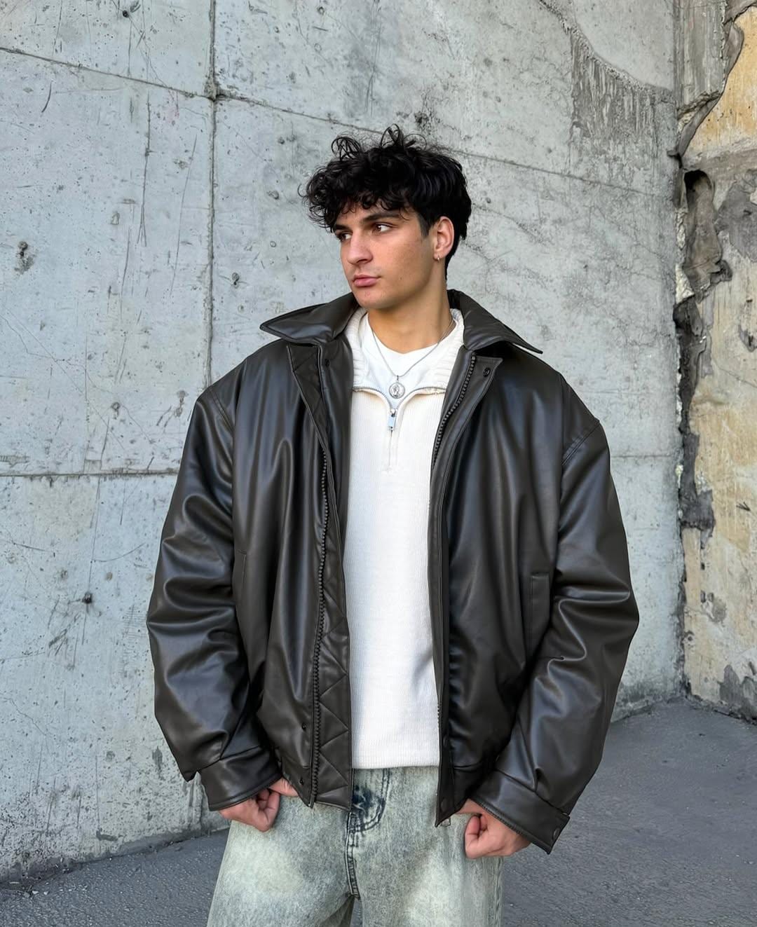 ジャケット・アウター vintage grunge lether bomber jacket Men's PU Faux Leather Zip-Up Motor Varsity Bomber Jacket