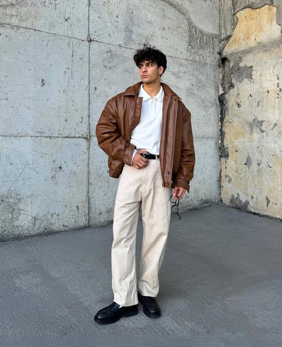 Brown Leather Bomber Jacket 90s Leather Jacket Mens Men's Vintage