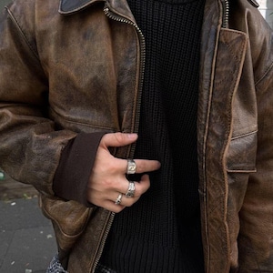 Blouson aviateur vintage en cuir effet vieilli, manteau aviateur marron rétro des années 90, veste de vol surdimensionnée grunge des années 90, vestes robustes Streetwear pour hommes de l'an 2000