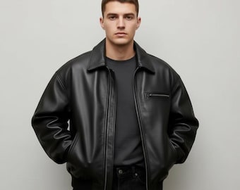 90年代風ヴィンテージブラックレザージャケット メンズ オーバーサイズ