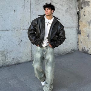 Veste en cuir surdimensionnée pour hommes vintage Streetwear motard aviateur manteau en cuir véritable Y2K esthétique grunge ample coupe tendance mode hivernale