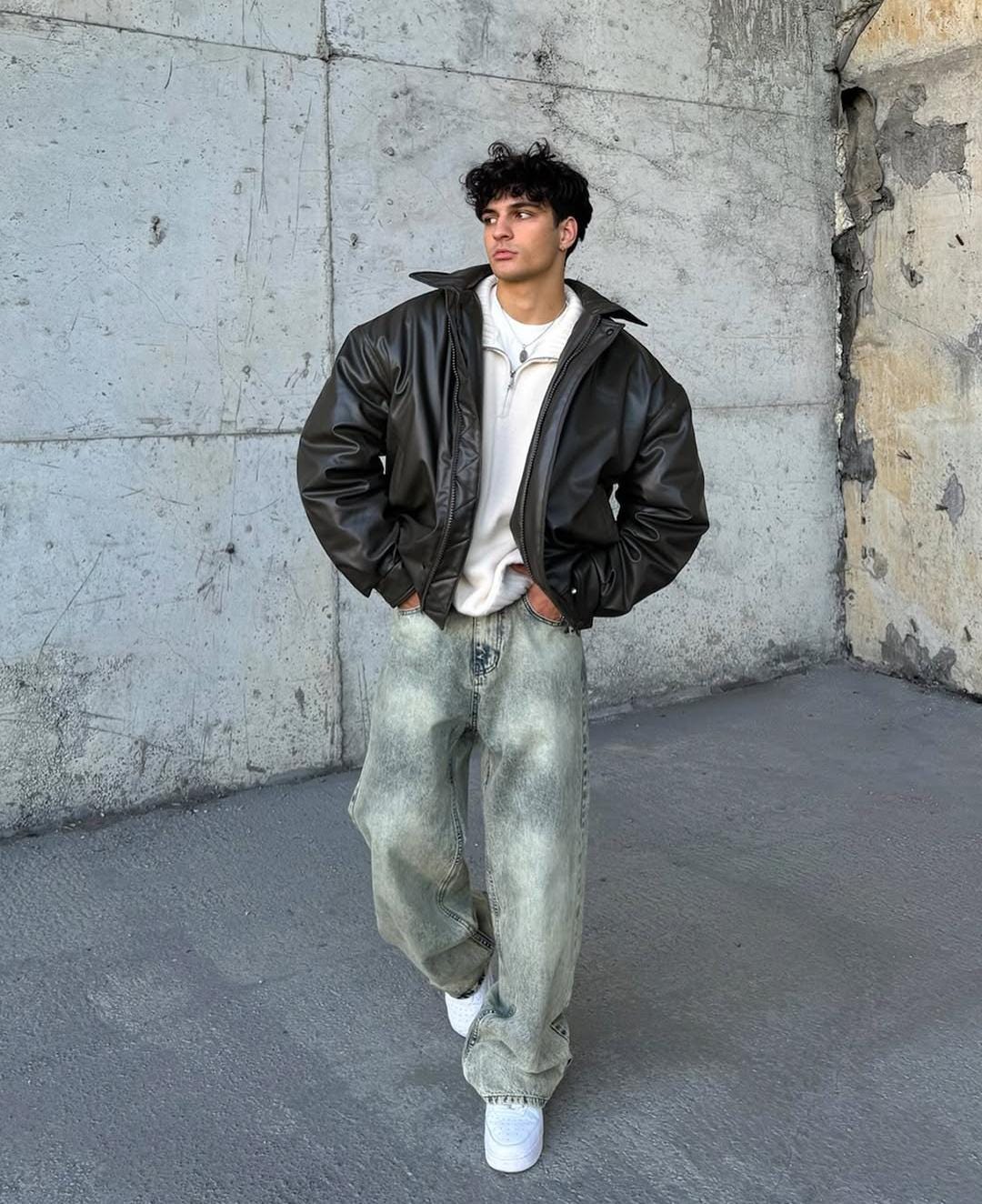Men Oversized Leather Jacket Vintage Streetwear Biker Bomber