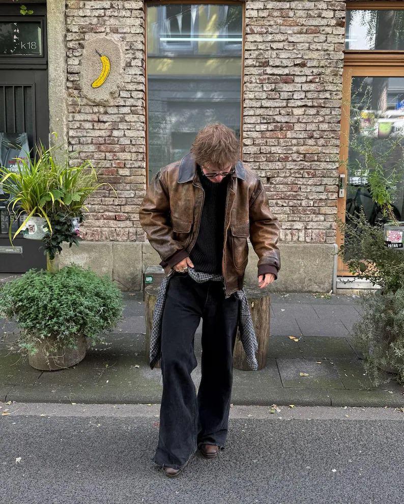 Vintage Distressed Leather Bomber Jacket Retro Brown Aviator