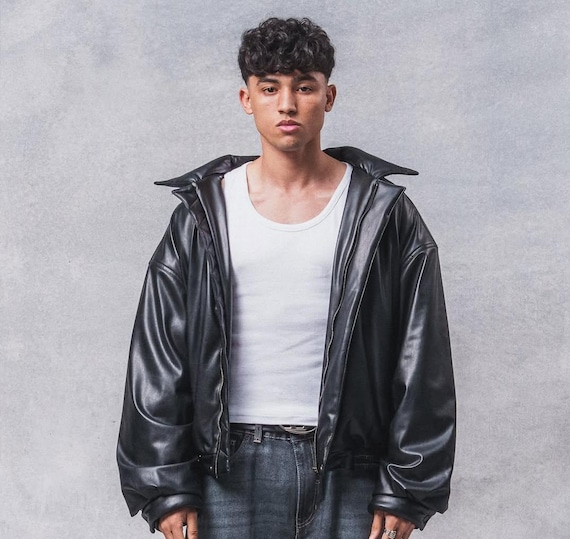 Men's Vintage Black Leather Jacket Oversized Bomber Coat With