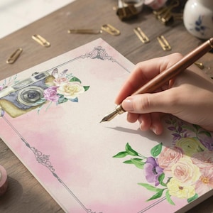 Vintage Camera Floral Journal: Pink Watercolor Notebook (PDF, JPG Digital Download A4 Size )