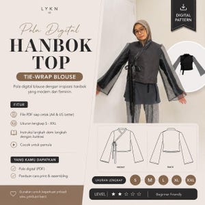 Puede incluir: Un patrón de costura digital para una blusa cruzada estilo Hanbok. La imagen muestra el texto LYKN ID, Pola Digital HANBOK TOP y TIE-WRAP BLOUSE. Incluye un dibujo técnico de línea del frente y la espalda de la blusa y tallas S-XXL.
