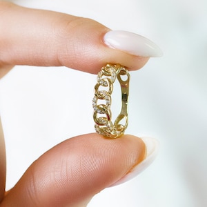 Gold Chain Ring with Crystal, 14k Solid Gold Simple Ring, Chain Ring in gold,  Diamond Open Link Engagement Ring Pave Diamond Wedding Band