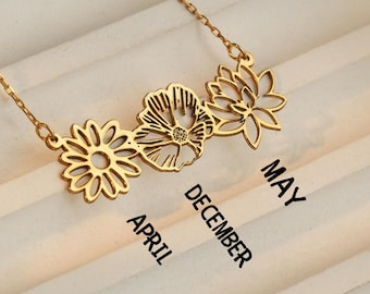 Personalized Multiple Birth flower Necklace, Family Birth Flower Bouquet Necklace, Birth Month Flower, Personalized Gift, Christmas Gift