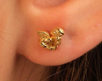 Guardian Angel Stud Earrings Solid 10&14-18kt Yellow Gold, Ladies Girls Cherub Wings Studs, Christian Symbolic Jewelry, Christmas Gift
