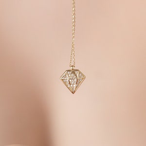 Modern Design Diamond 14K Gold Necklace, 14K Gold Lab Grown Diamond Solitaire Pendant, Solid 14k Gold Pendant, Minimalist Diamond Pendant