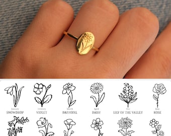 Personalized Birth Flower Ring: Sterling Silver Floral Family Ring