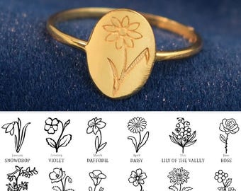 Anello personalizzato con fiore di nascita, gioiello con fiore del 12° mese di nascita, anello floreale personalizzato per la mamma, anello di famiglia, regalo di Natale personalizzato